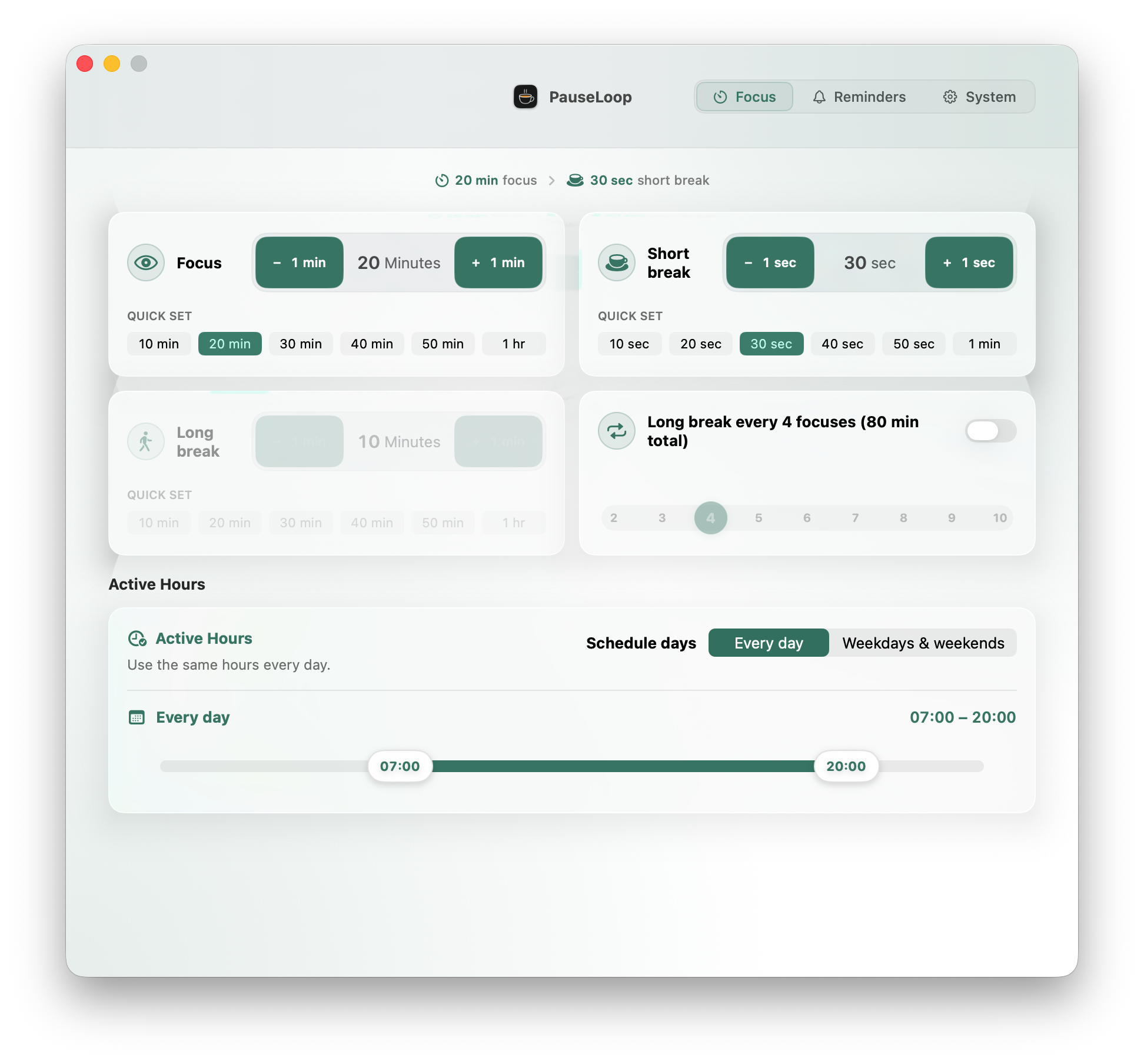 PauseLoop focus settings on macOS